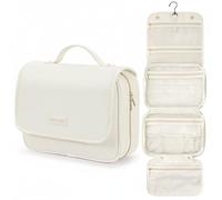 PACKISM Quilted Travel Makeup Bag for Women - PU Leather Open Flat Cosmetic Bags for Women with Dividers, Independent Brush Holder, Waterproof Make Up Organizer for Travel Bathroom, Active Off-white