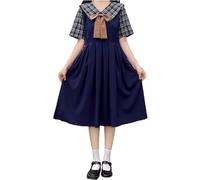 Packitcute Japanese Style Sailor Collar Sweet Cute Bow Casual Dresses High Waist A Line Kawaii Lolita Uniform Summer Dress, Navy Blue, M