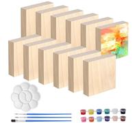 Packool 12 PCS Unfinished Wood Blocks, 4 x 4 x 1 in DIY Blank Wood Boards, Natural Painting Kit with 12 Colors Paint 3 Paintbrushes Palette