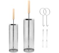 Packool 2 Pcs BBQ Grill Baskets, Stainless Steel Rotating Cylindrical Grill Racks, Lockable Mesh Tumblers for Outdoor Barbecue, With Wood Handles, 2 Sizes, Meat Vegetables Grilling Tools for Camping