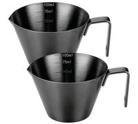 Packool 2 Pcs Stainless Steel Espresso Cups, Metal Shot Glass Set, 304 Steel Measuring Cups with Spout, Engraved Scale, Drip-Less Pour, Open Handle, Brushed Finish, Shot Cups for Coffee, Milk (Black)