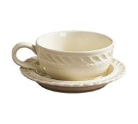 Packool 2 Pcs Vintage Embossed Ceramic Coffee Mug with Saucer Set, Floral Teacup Gift, 10 fl oz / 300 ml Beige Coffee Cup, French Style Latte Cappuccino Espresso Cup with Unique Petal Design