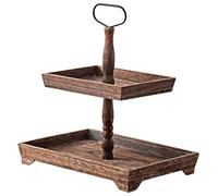 Packool 2 Tiers Wooden Tray Stand, 2 Tiered Rectangle Tray Stand, Vintage Charcoal Food Serving Tray for Cupcakes Bread Fruits, Rustic Wood Tiered Tray Stand for Home Decor, Farmhouse, Kitchen