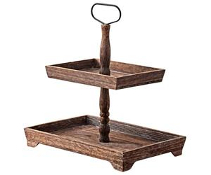 Packool 2 Tiers Wooden Tray Stand, 2 Tiered Rectangle Tray Stand, Vintage Charcoal Food Serving Tray for Cupcakes Bread Fruits, Rustic Wood Tiered Tray Stand for Home Decor, Farmhouse, Kitchen