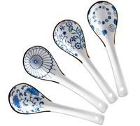 Packool 4 PCS Japanese Ceramic Soup Spoons, 15.5 x 4.5 cm (6.1 x 1.8 in) Blue & White Ramen Spoon Set, Assorted Floral Patterned Ladle Spoons for Asian Noodle Soup