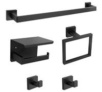Packool 5-Piece Stainless Steel Bathroom Storage Rack, Bathroom Accessory Set, Includes Towel Rack, Tissue Holder, Towel Ring, Hooks, Modern Matte Black, Easy Mounting