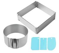 Packool 6-12" Stainless Steel Cake Molds with 3 Plastic Scrapers, Round and Square Cake Ring Molds with Scaling, Pastry Baking Frames, 2 Pcs Adjustable Cake Rings