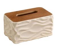 Packool Beige Ceramic Tissue Box Cover, Rectangular Decorative Tissue Box Cover for Bathroom, Living Room, Bedroom, Kitchen, 8.3 x 5.1 x 4.1 in / 21 x 13 x 10.4 cm, Wave Design, with Wood Lid