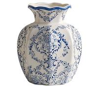 Packool Blue and White Vase, Floral Arrangement, 5.9 in / 15 cm Small Octagonal Ceramic Flower Vase, Vintage Blue Ceramic Flower Vessel for Home Living Room Decor