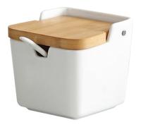 Packool Ceramic Salt Container with Wood Lid, Holds 8.8 oz, 3.5 x 3.5 in / 9 x 9 cm Square Salt Box, Easy to Clean, Lightweight Lid, Space-Saving Salt Keeper for Kitchen