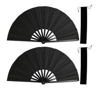 Packool Large Folding Hand Fan for Dance, 13.1 in（33.3 cm）, Wood Frame and Silk Fabric, Handmade Folding Fans with Storage Bags for Stage Shows and Line Dancing, 2 Pcs Black Folding Fans