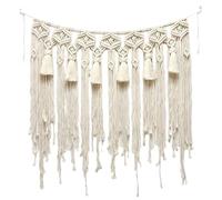 Packool Macrame Banner Garland Bohemian Wall Hanging Decor, Bohemian Tapestry 31.5 x 35.4 in / 80 x 90 cm with Handmade Knitted Fringe, Beige Cotton for Bedroom Living Room Decoration