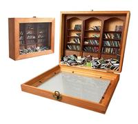 Packool Mini Anxiety Bookshelf Decor, 200 Tiny Books, Wooden Anti-Anxiety Desktop Ornament, Handmade Stress Relief Present, Hinged Display Case, Unique Collectible for Home Office Library