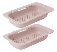 Packool Over the Sink Colander, PP Plastic, Retractable Extendable Strainer, 13.6-18.9 in（34.5-48 cm）, Square Drain Basket for Kitchen Sink, Vegetable Washing, 2 Pcs Pink Expandable Colander