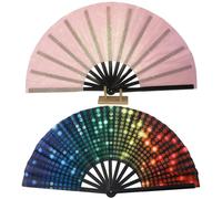 Packool PVC Reflective Fabric, Pink Fluorescent Dot, High-Grade Wood 13 in/33 cm, 2 Pcs Hand Fans for Women Foldable for Dancing, Large Folding Hand Fan for Dance