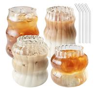 Packool Ribbed Glass Cups Set, 4PCS Aesthetic Ripple Glassware Coffee Cup Cute Drinking Cup Cocktail Glasses with Straws for Home Bar Party