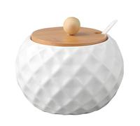 Packool White Ceramic Sugar Bowl with Wooden Lid and Spoon, Elegant Sugar Container for Home Kitchen, Spice Jar, Salt Container, Diamond Pattern