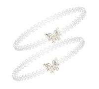 PACKOVE 2pcs Elastic Pearl Waist Belt with Golden Butterfly Bowknot Stretchable Rhinestone Waist Chain for Women and Body Belly Band for Dresses and Bridal Wear White