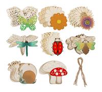 PACKOVE 40pcs Unfinished Wooden Craft Plaques with Insect and Flower Cutouts Including Snails, Dragonflies, Butterflies, Mushrooms, Bees, Sunflowers and 40 Jute Ropes for DIY Painting