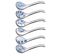 PACKOVE 6pcs Ceramic Chinese Soup Spoons Set Large Capacity and Comfortable Handle, Intricate Patterned Blue and White Porcelain Spoons for Asian Soup and Ramen Serving