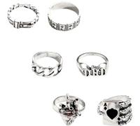 PACKOVE 6pcs Gothic Punk Vintage Finger Rings Set in Silver Alloy, Stackable Mid-finger Rings for Club and Theme Party Accessories