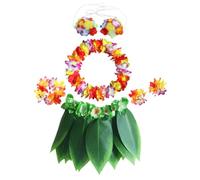 PACKOVE 6pcs Hawaiian Luau Costume Set for Upgraded Large Leaf Grass Skirt with Green Trim Pineapple Plastic Enlarged Floral Headband Bracelet Set for Tropical Beach Parties and Festivals