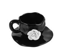 PACKOVE Ceramic Coffee Mug with Saucer Featuring Elegant Rose Shape, Black Colour, Convenient and Safe to Use, for Coffee Time at Home or Office