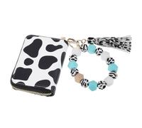 PACKOVE Cow Print PU Card Holder Wristlet with Beaded Bracelet and Keychain Change Purse and Coin Holder Stylish Credit Card Organizer Wallet for Cash and Ids