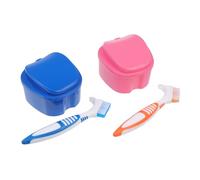 PACKOVE Portable Denture Storage Box with Soft Bristle Brush False Teeth Case for Cleaning and Protecting Dentures Retainers and Mouth Guards Travel Friendly and Pink Containers