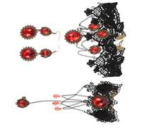 PACKOVE Steampunk Gothic Lace Choker Necklace with Red Gemstone Adjustable Screw Clasp Bracelet Earrings Asymmetrical Black Lace Halloween Jewelry for Women