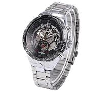 PACKOVE Winner Men's Wrist Watch Round Dial Skeleton Automatic Mechanical Watch Stainless Steel Band