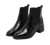 PACKOVE Women Winter Boots Chunky Heel Autumn Footwear Fashionable Texture PU Ankle Boots for Ladies Comfortable Black