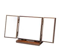 PACKOVE Wood Carved Folding Desktop Makeup Mirror Tri-fold Vintage Clover Pattern Wooden Vanity Mirror for Home Use with Cherry Wood Finish