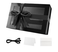 PACKQUEEN Large Black Gift Box with Window, 13.5x9x4.1 Inches Clear Gift Box for Present Contains Ribbon, Card, Groomsman Proposal Box, Extra Large Gift Box with Magnetic Lid (Glossy Black)