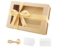 PACKQUEEN Large Kraft Gift Box with Window, 13.5x9x4.1 Inches Clear Gift Box for Present Contains Ribbon, Card, Groomsman Proposal Box with Magnetic Lid