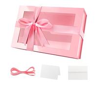 PACKQUEEN Large Pink Gift Box with Window, 13.5x9x4.1 Inches Clear Mothers Day Gift Box for Present Contains Ribbon, Card, Bridesmaid Proposal Box with Magnetic Lid (Glossy Pink)
