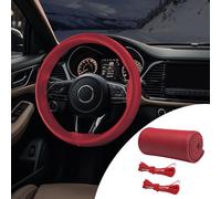 PACLVIO Genuine Leather Steering Wheel Cover, 15 Inch Universal Car Steering Wheel Protector with Needle Thread, Non-Slip and Breathable Steering Wheel Cover DIY Stitch on Wrap (Red/Hole)