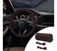 PACLVIO Genuine Leather Steering Wheel Cover, 15 Inch Universal Car Steering Wheel Protector with Needle Thread, Non-Slip and Breathable Steering Wheel Cover DIY Stitch on Wrap (Coffee/Hole)