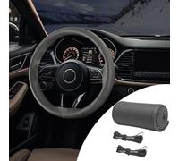 PACLVIO Genuine Leather Steering Wheel Cover, 15 Inch Universal Car Steering Wheel Protector with Needle Thread, Non-Slip and Breathable Steering Wheel Cover DIY Stitch on Wrap (Gray/Hole)