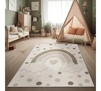 Paco Home Children's Rug Modern Play Rug Kids' Room 3D Effect Natural Tones Soft Pile Durable & Easy-Care Loop Pile Rainbow Design Cream Sand, Size:120x160 cm