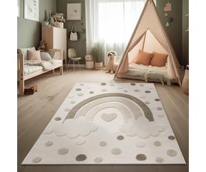 Paco Home Children's Rug Modern Play Rug Kids' Room 3D Effect Natural Tones Soft Pile Durable & Easy-Care Loop Pile Rainbow Design Cream Sand, Size:160x220 cm