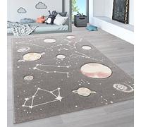 Paco Home Children's Rug, Play Rug With Planets And Stars, For Child's Room In Grey, Size:133 cm square