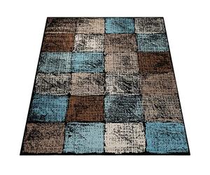 Paco Home Designer Rug Living Room Attractive Colour Combination Checked Turquoise Brown Cream, Size:70x250 cm