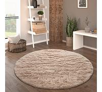 Paco Home High Pile Rug Round Living Room Shaggy Modern Long Pile Faux Fur Fluffy Monochrome, Size:Ø 120 cm round, Colour:Beige
