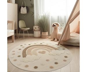 Paco Home Kids Room Rug 3D Effect Durable Play Mat Natural Tones Easy Care, Size:120 cm (Round), Colour:Sand (rainbow)
