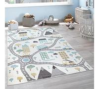 Paco Home Kids Rug Children's Room Pastel Boy Girl Cars Cream Petrol Grey Yellow Road House Anthracite, Size:120x160 cm
