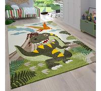 Paco Home Kids Rug, Childrens Rug With Animals Jungle Dinosaurs Motifs Short Pile, Size:133 cm square, Colour:Green 4