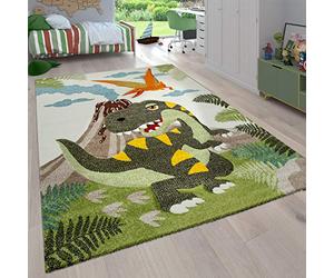 Paco Home Kids Rug, Childrens Rug With Animals Jungle Dinosaurs Motifs Short Pile, Size:133 cm square, Colour:Green 4