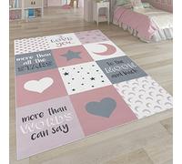 Paco Home Kids Rug, Large Rug, Star Moon and Check Patterns Pastel Colours, Size:120x160 cm, Colour:Pink-Rose