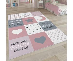 Paco Home Kids Rug, Large Rug, Star Moon and Check Patterns Pastel Colours, Size:120x160 cm, Colour:Pink-Rose